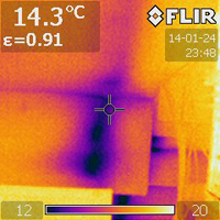 Thermal imaging shows moisture at this dormer.